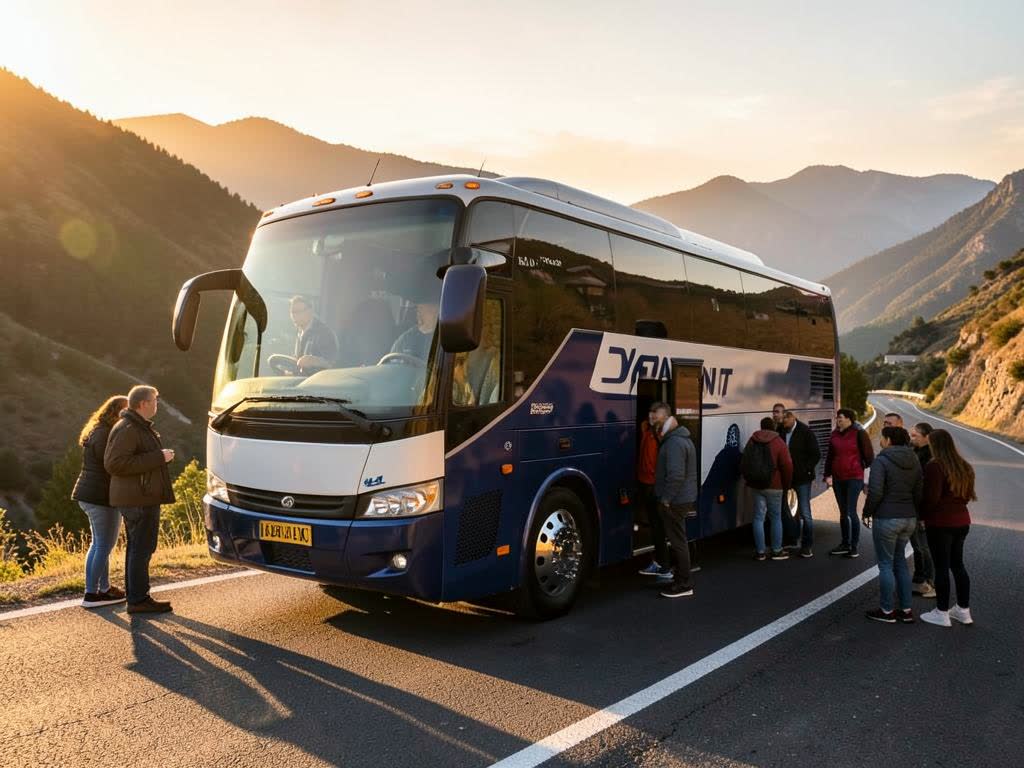 A Rayan Coach charter bus with a group of travellers boarding