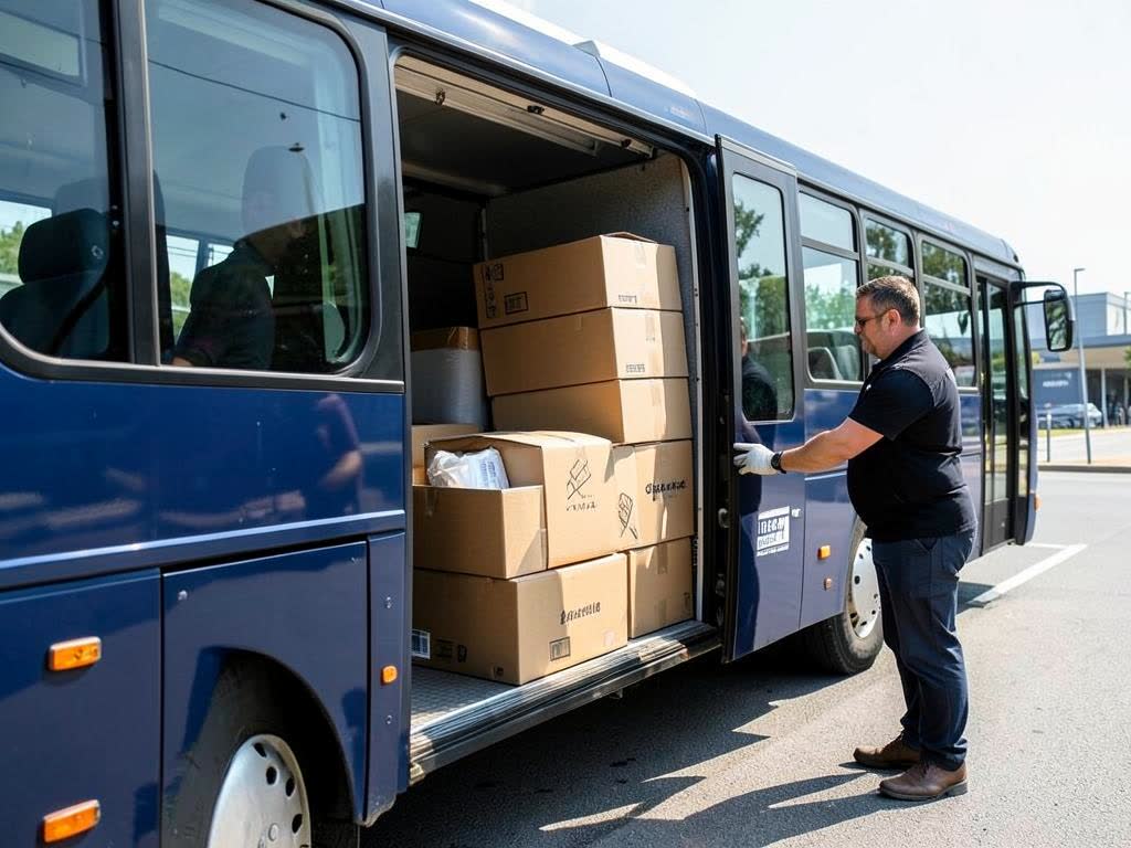 Parcels being loaded into the luggage hold of a Rayan Coach bus